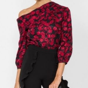 SALONI Ness 100% Silk Red Black Floral Off the Shoulder Draped Blouse Size 2